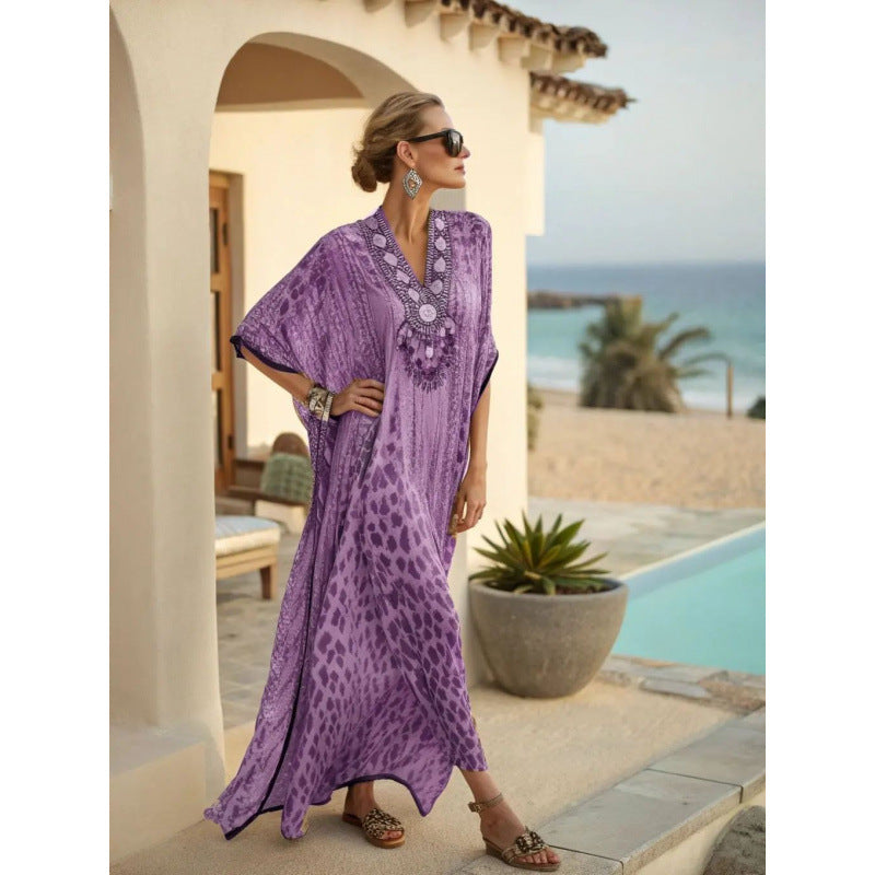 Boho Abstract Print V-Neck Batwing Maxi Kaftan Beach Cover-Up