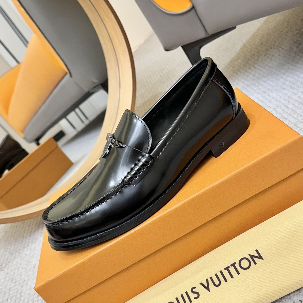 Louis Vuitton Men's Black Leather Loafers - Slip-On Design